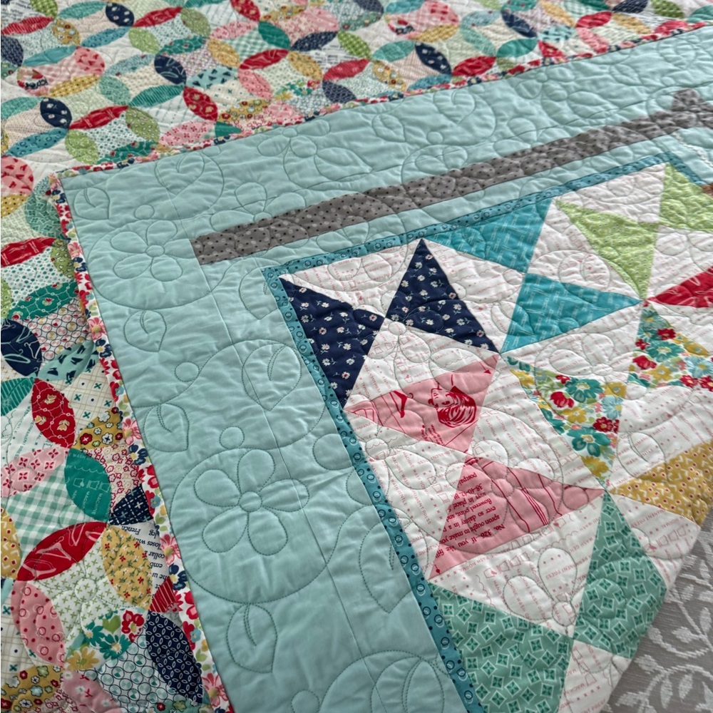 Homemade Aqua Blue Quilted Folk Art Quilt with Geometric Patterns - Picture 7 of 10
